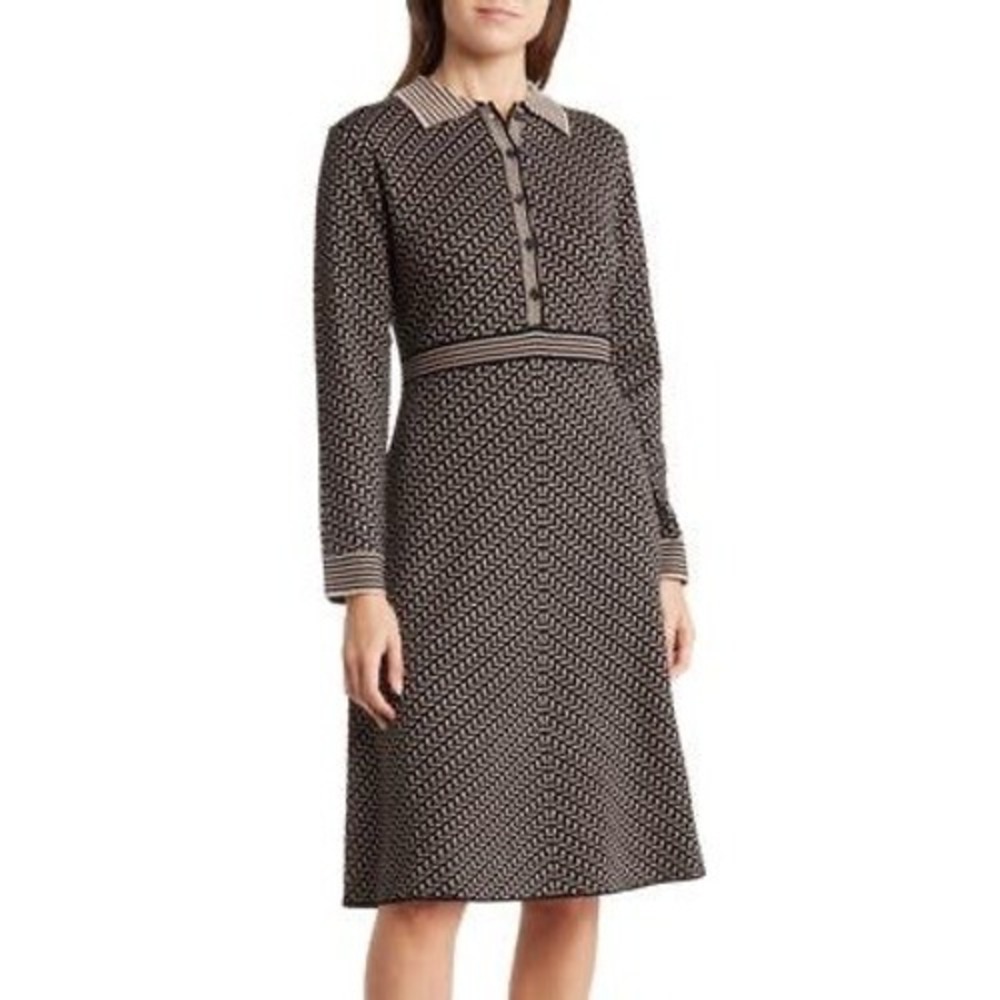 Max Studio Long Sleeve Geometric Black Beige Knit Retro Sweater Dress Size Large